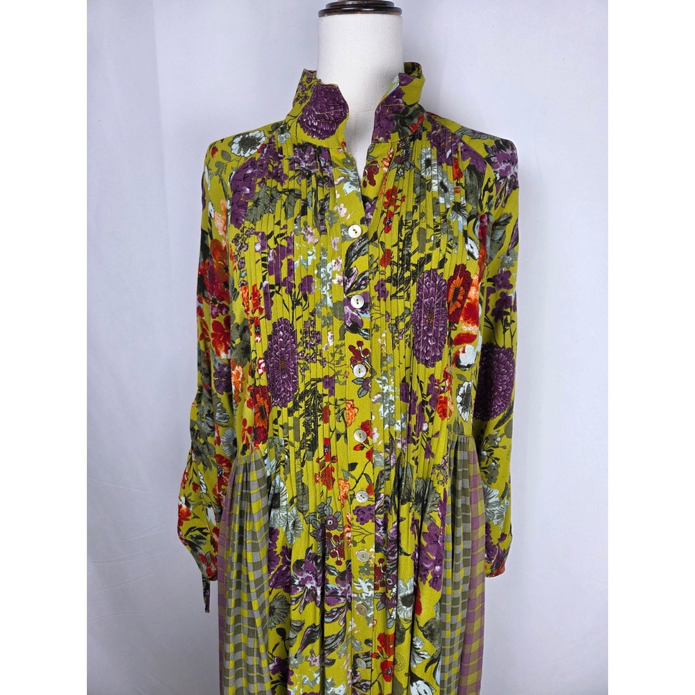 John Mark Maxi Dress Medium Green Floral Gingham Pintuck Button Front Boho Flowy - Picture 3 of 13